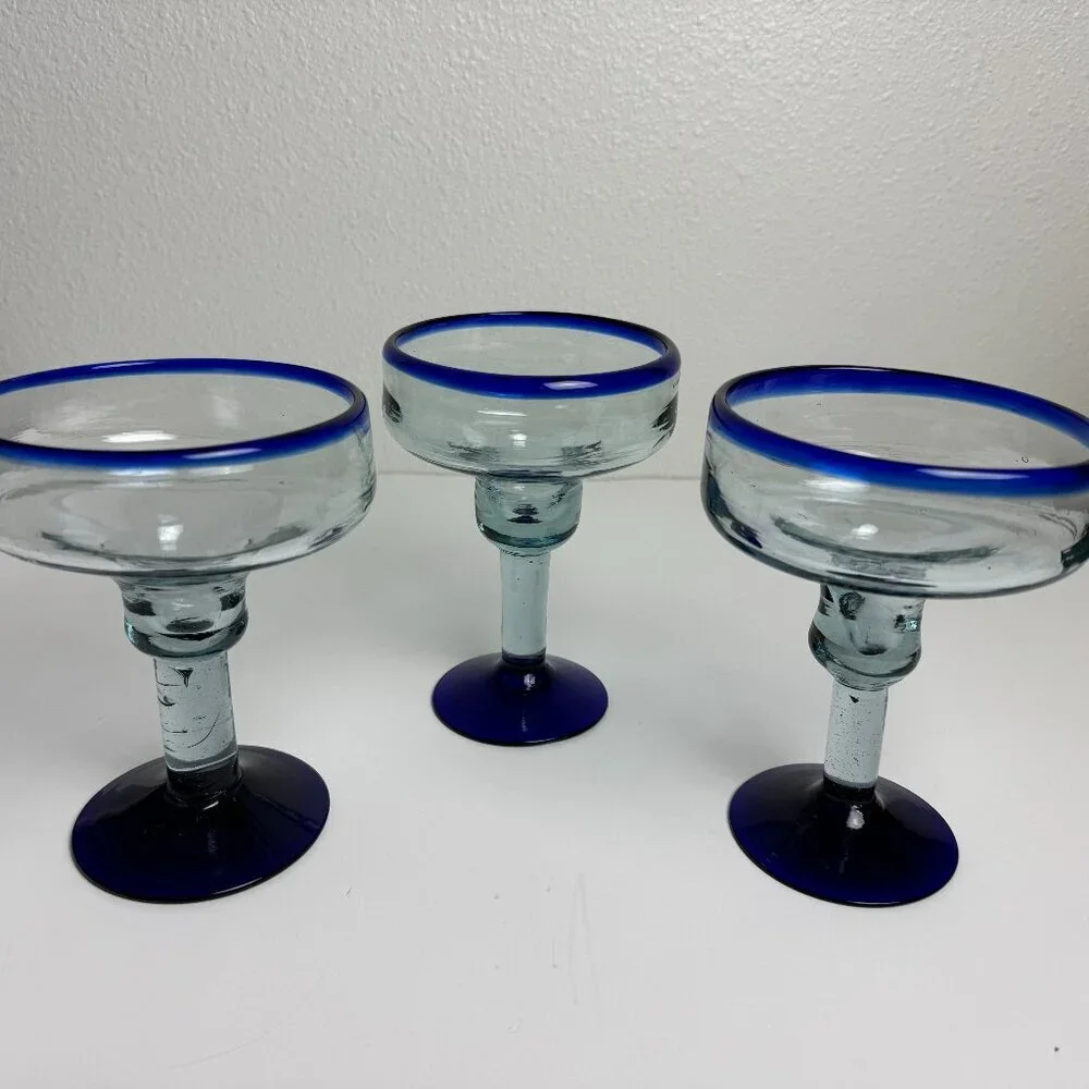 Vintage Hand Bowing Martini Glasses Set of 3 Blue Rim